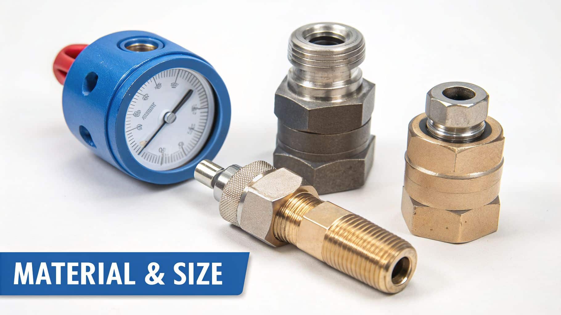 Various industrial components, including a blue pressure gauge and different material metal fittings.