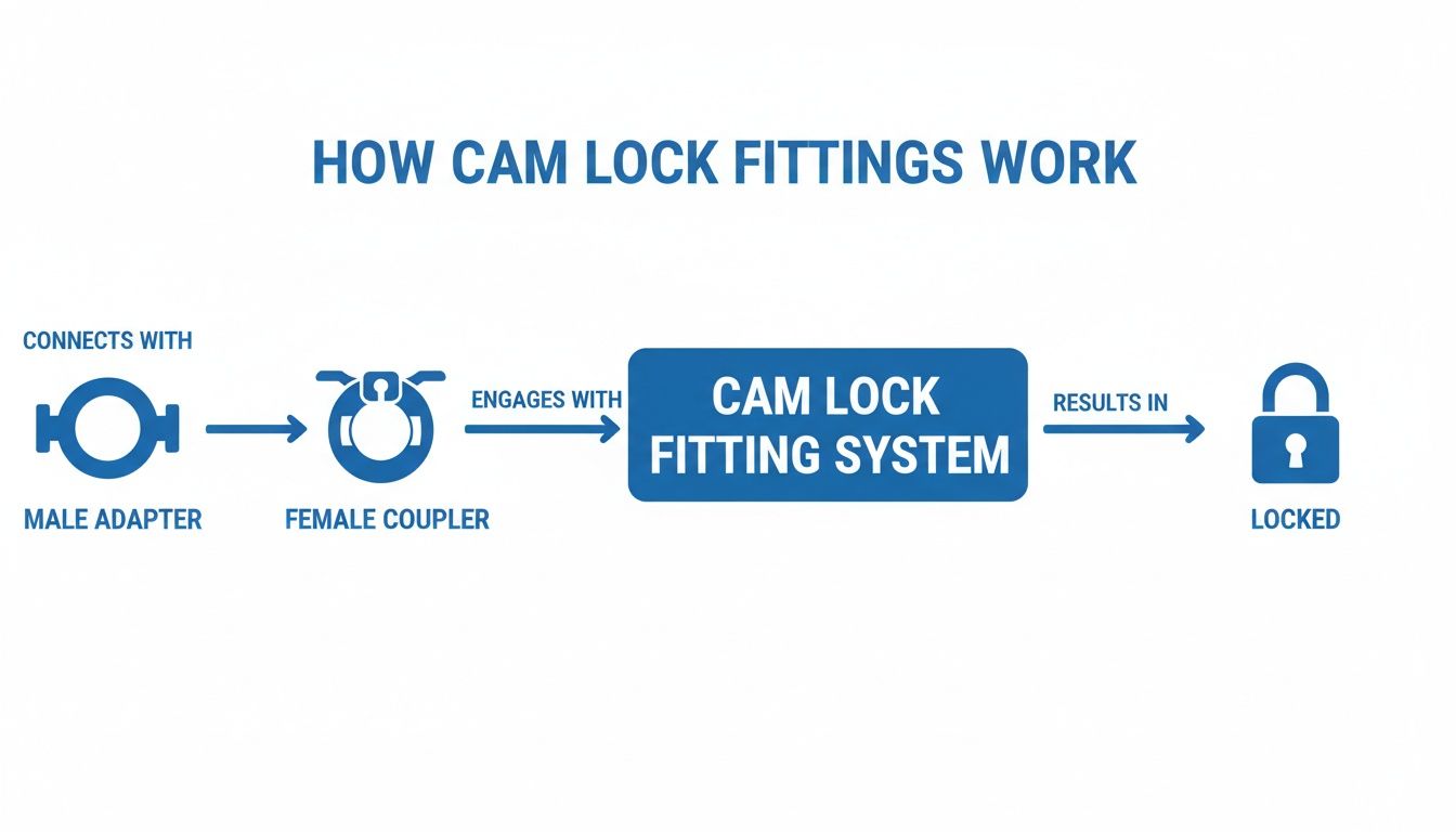 Flowchart explaining how cam lock fittings connect a male adapter and female coupler to achieve a secure lock.