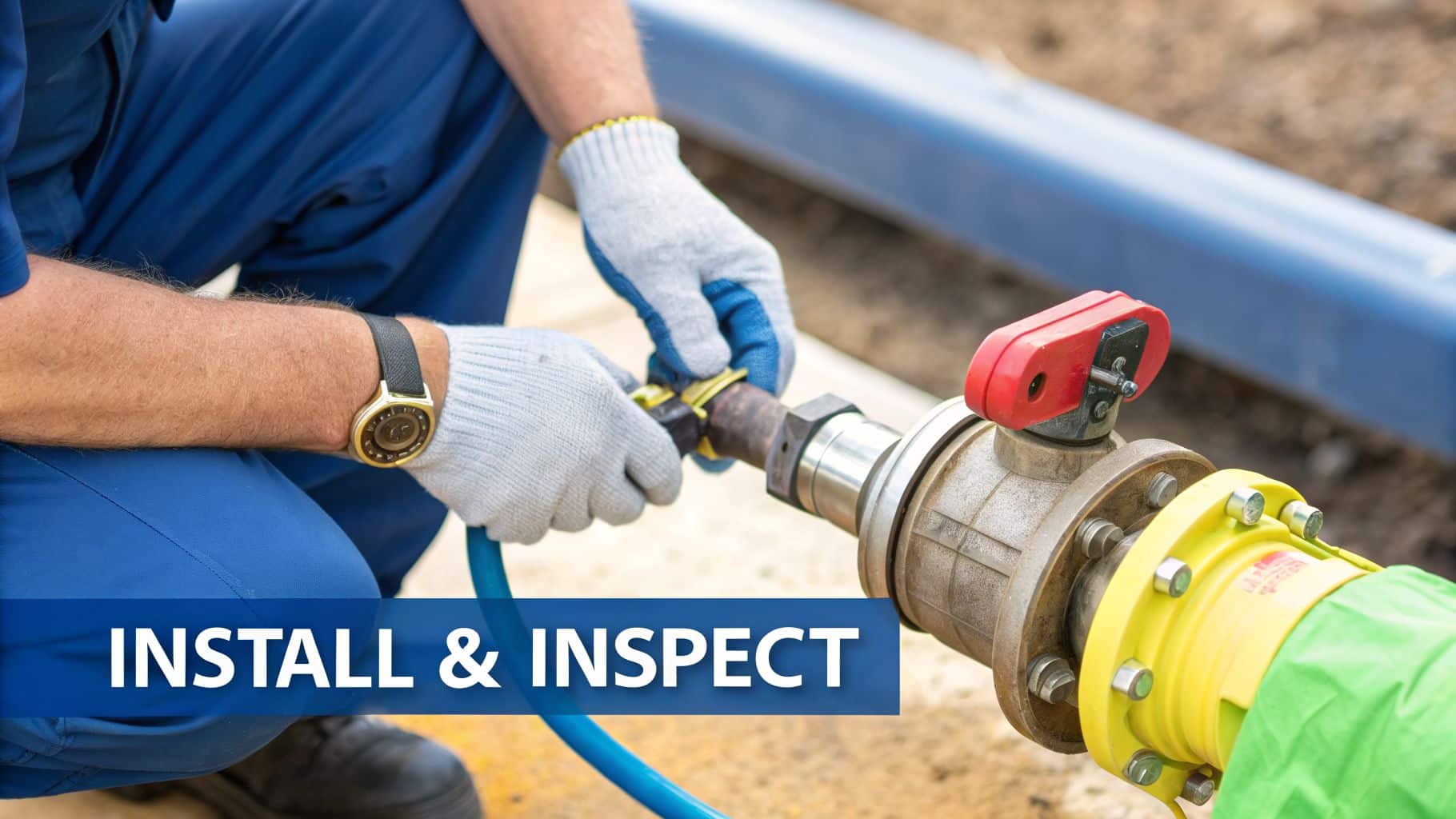 A worker in gloves connects a blue hose to an industrial pipe system with a red valve and yellow component.