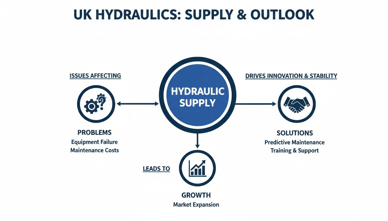 Diagram illustrating UK hydraulic supply's outlook, outlining problems, solutions, and growth.