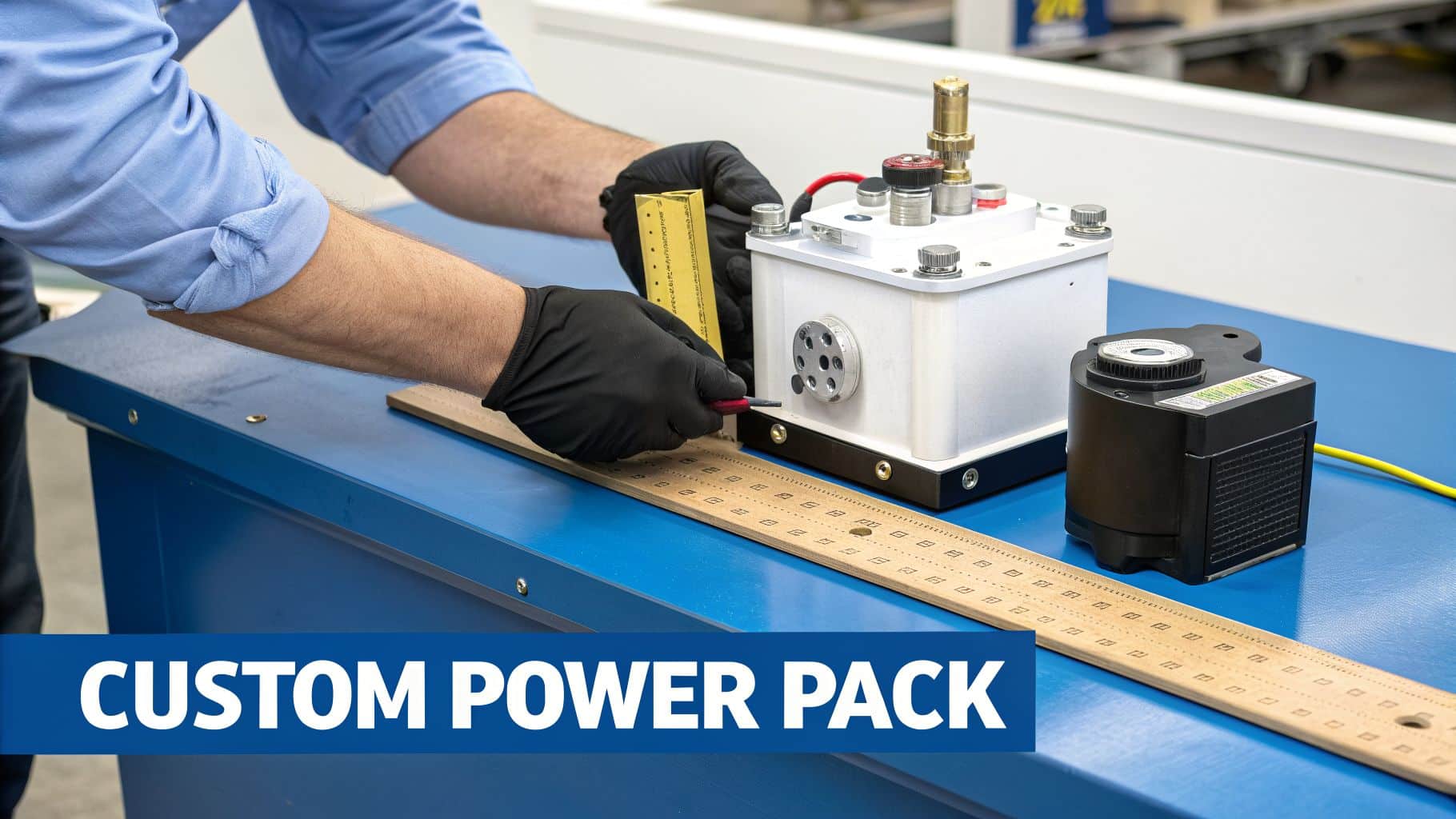 Hands in black gloves connect wires to a white custom power pack on a blue industrial workbench.