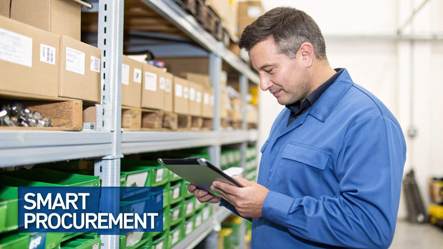A man in a blue uniform uses a tablet for inventory management in a warehouse setting.