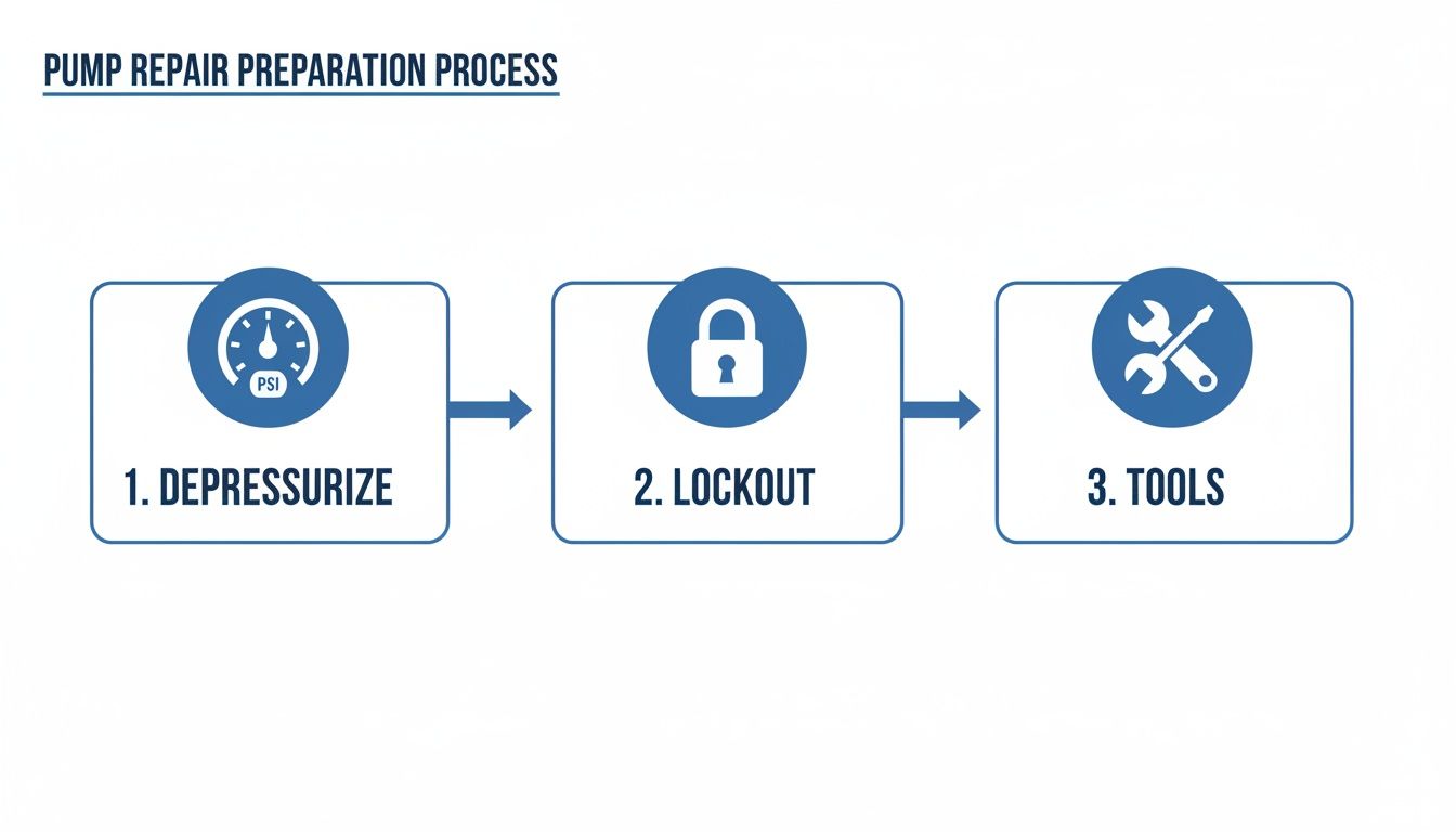 Diagram illustrating the pump repair preparation process steps: depressurise, lockout, and tools.