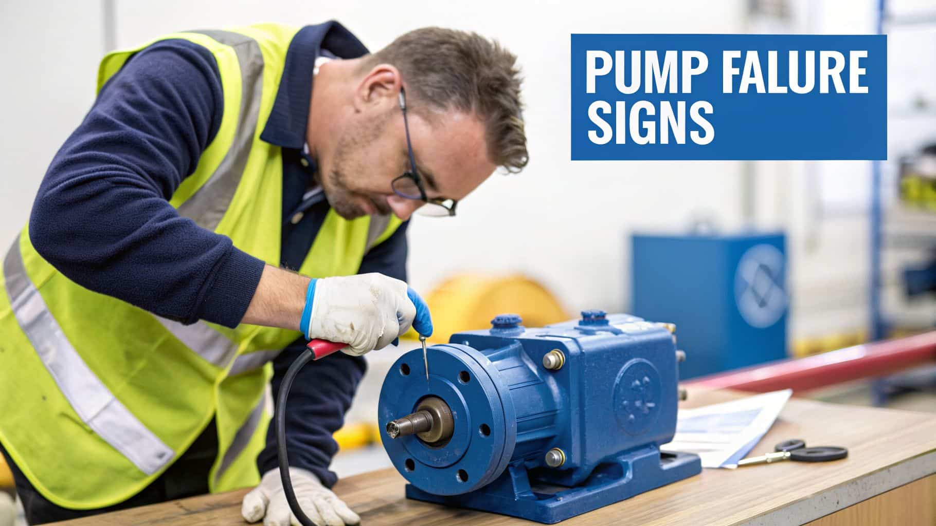 A technician in safety gear inspects a blue industrial pump on a workbench, with 'PUMP FAILURE SIGNS' text.