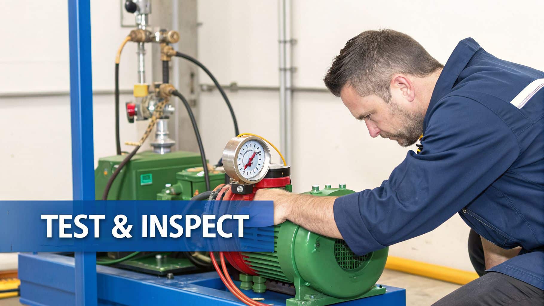 An engineer in a blue uniform inspects a green and red industrial pump with a pressure gauge.