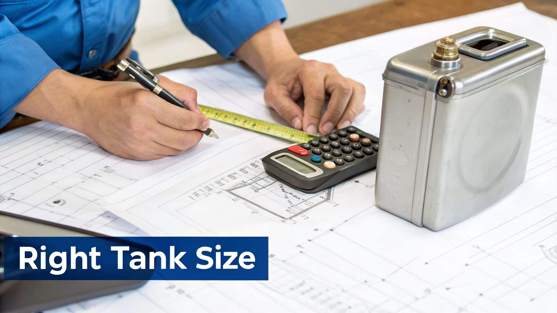 Hands measuring blueprints with a pen and tape, next to a calculator and a metallic tank.