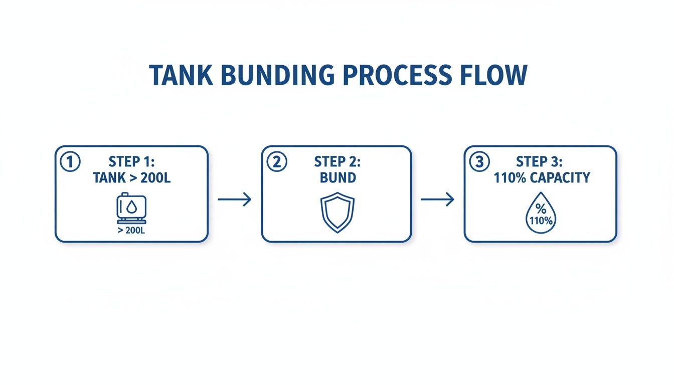 A flowchart titled 'Tank Bunding Process Flow' showing three steps: Tank > 200 Litres, Bund, and 110% Capacity.