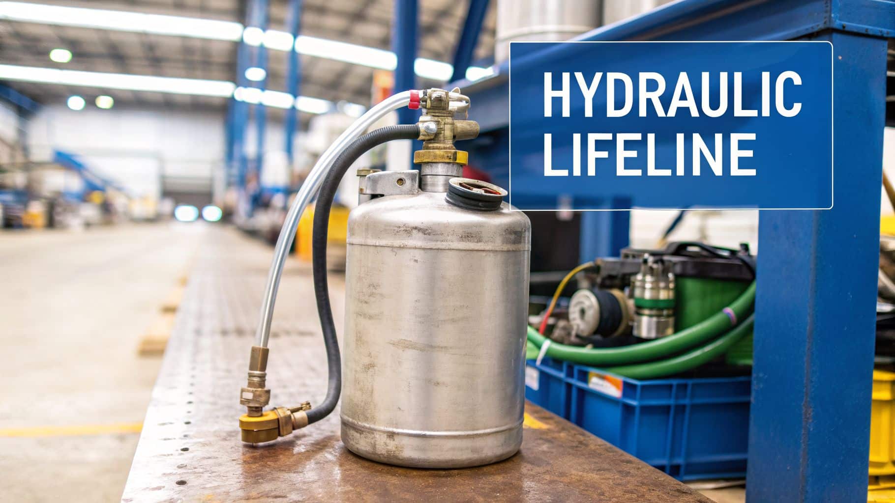 A metal oil transfer tank with hoses and fittings on a workbench in a factory, with a 'HYDRAULIC LIFELINE' overlay.