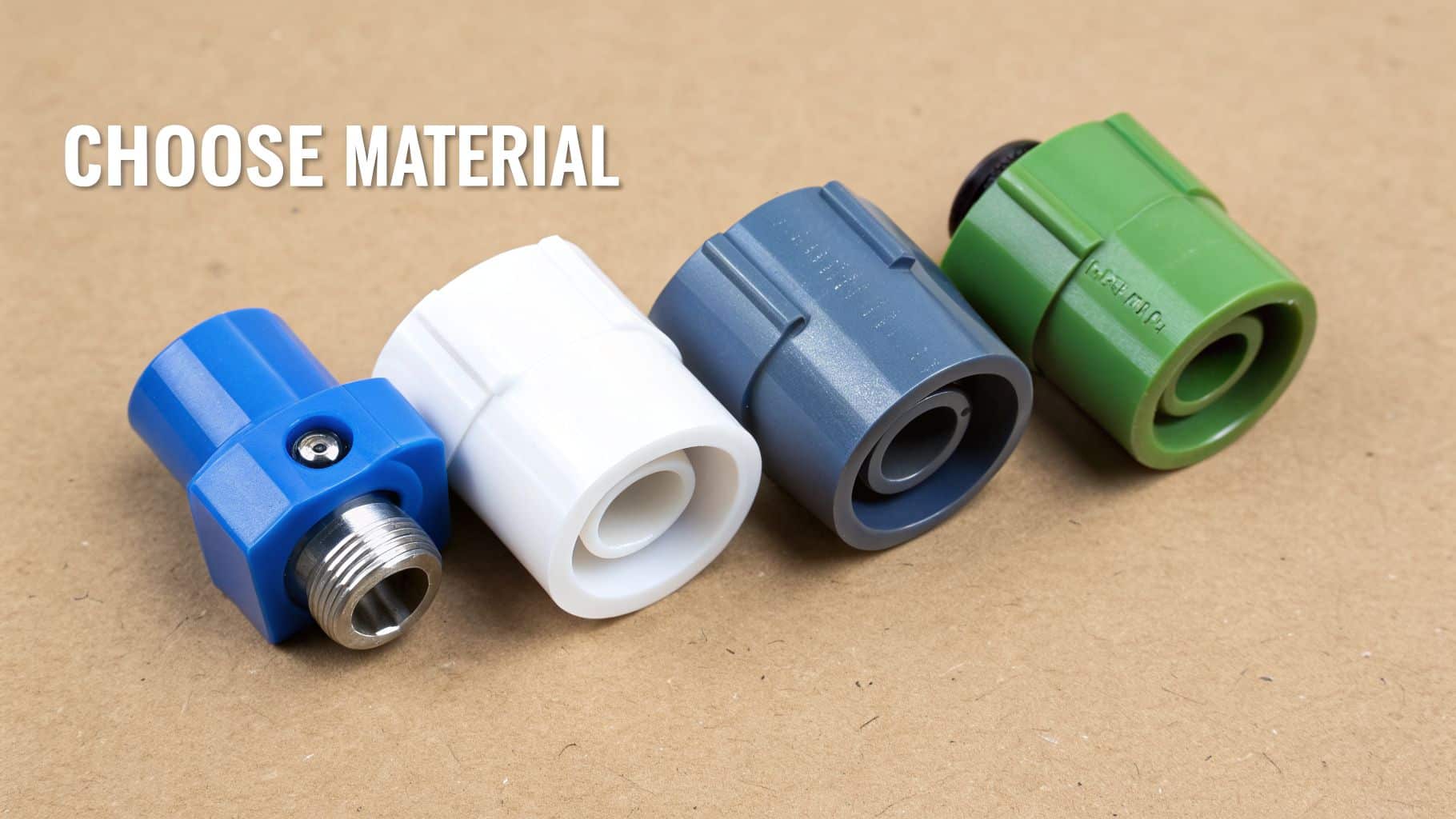 Four colorful pipe connectors and fittings, including blue, white, gray, and green options, on a brown surface, with the text 'CHOOSE MATERIAL'.