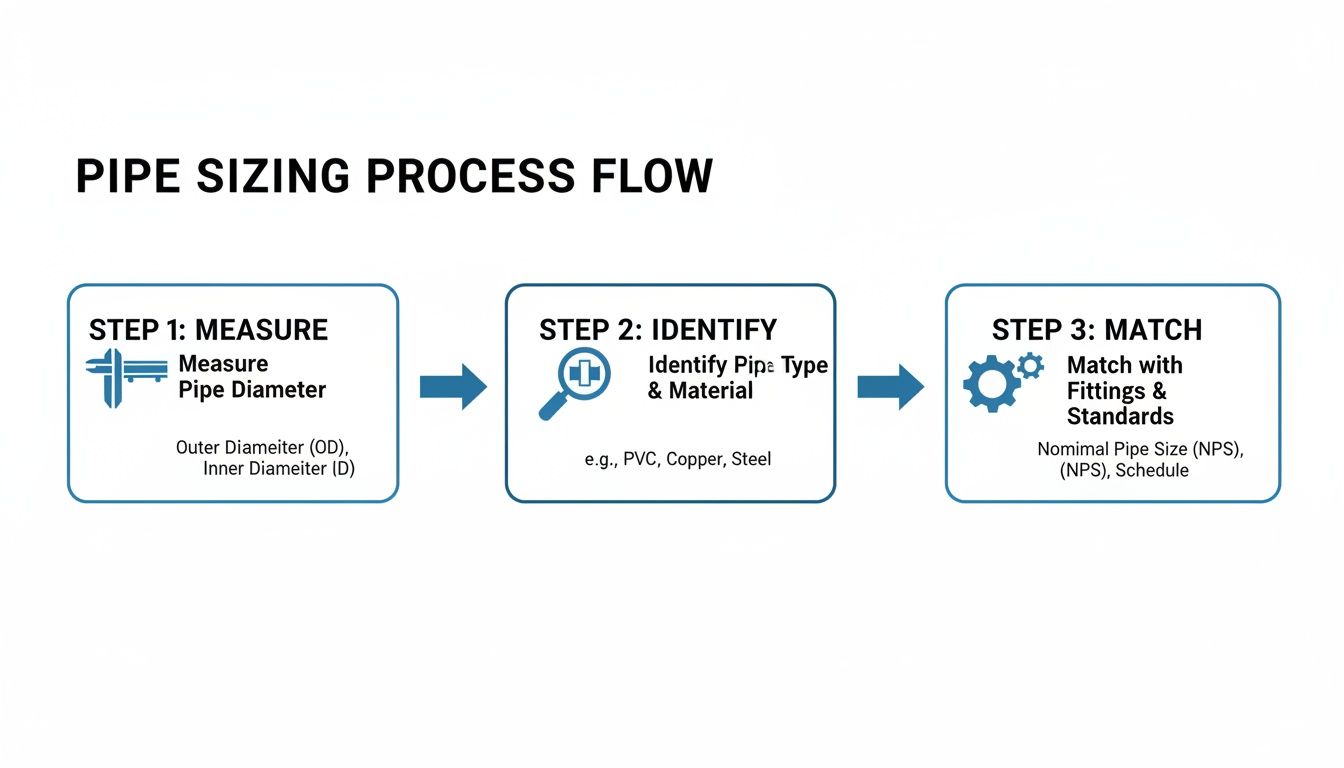 A diagram showing the pipe sizing process flow, including measuring diameter, identifying material, and matching standards.