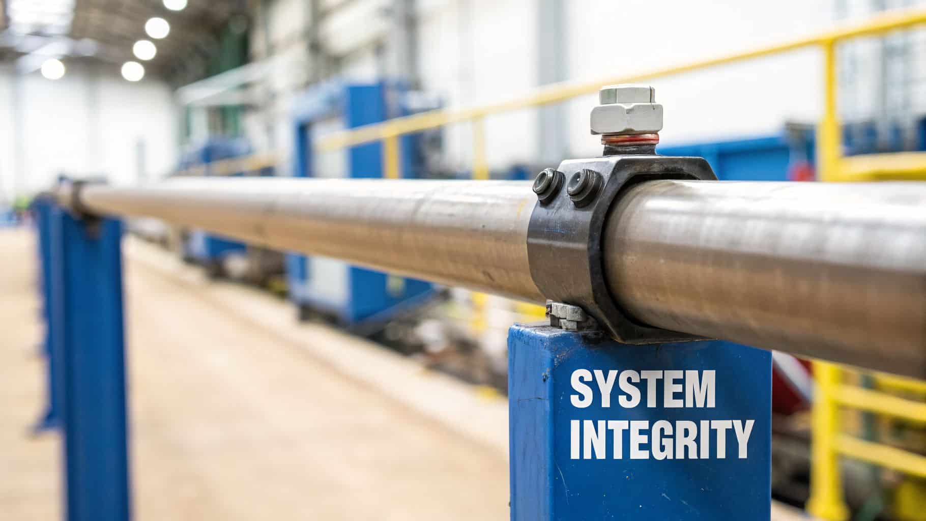 A metal pipe is secured by a clamp on a blue support, labeled 'System Integrity', in a factory.