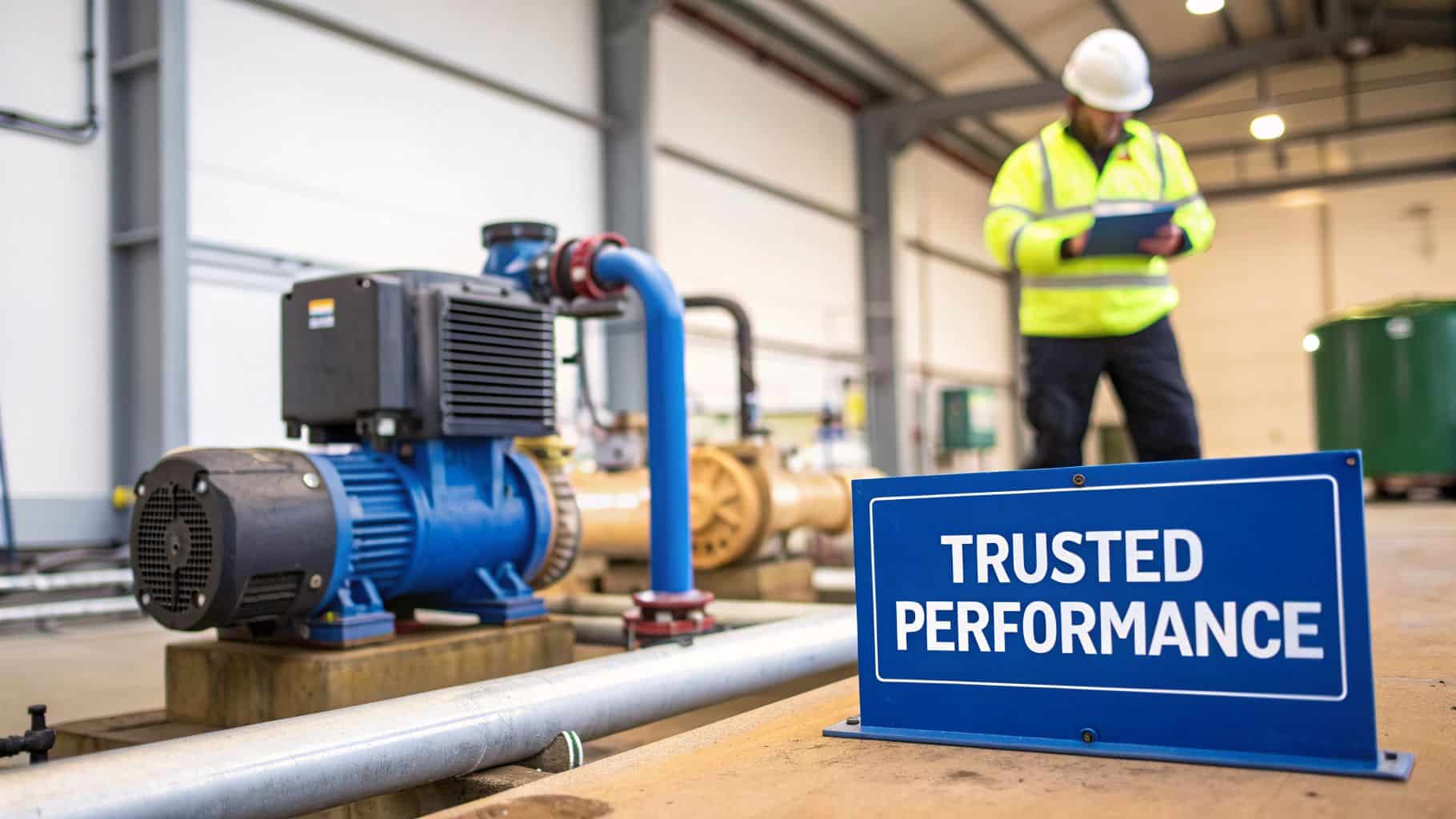 A blue industrial pump in a factory with a worker and a 'TRUSTED PERFORMANCE' sign.
