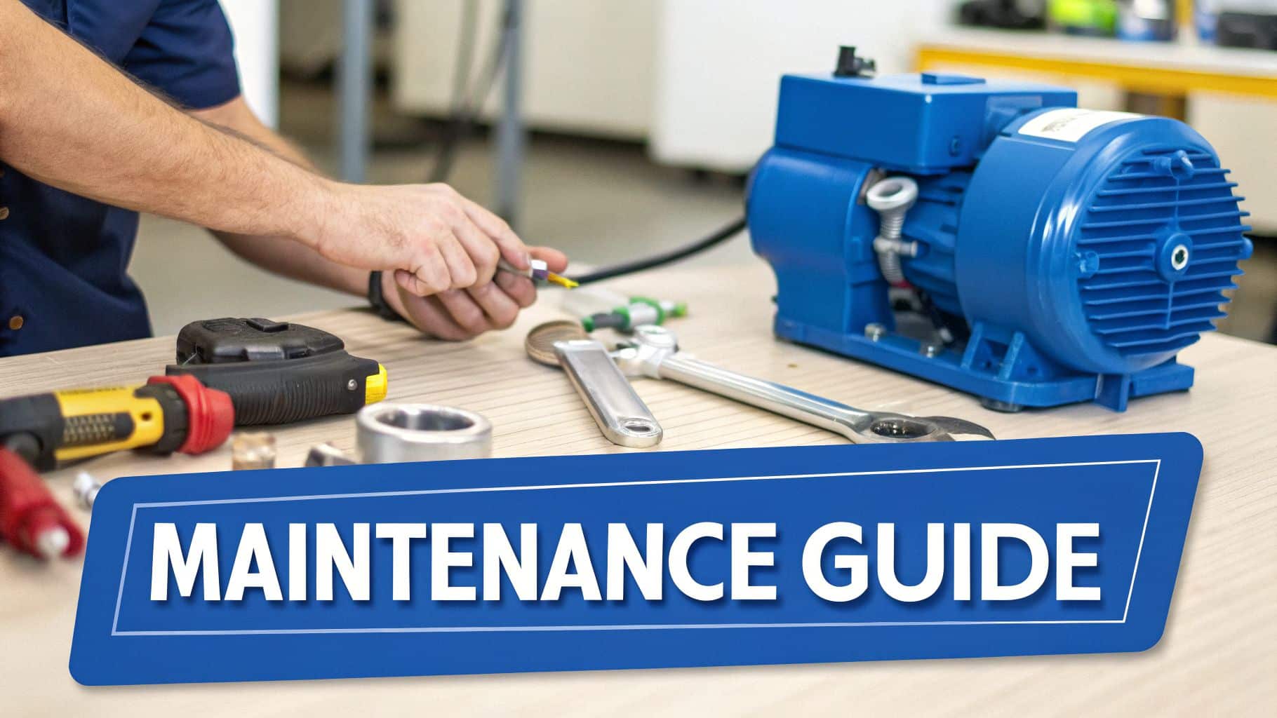 A person performing maintenance on a blue electric pump motor with tools and wiring.