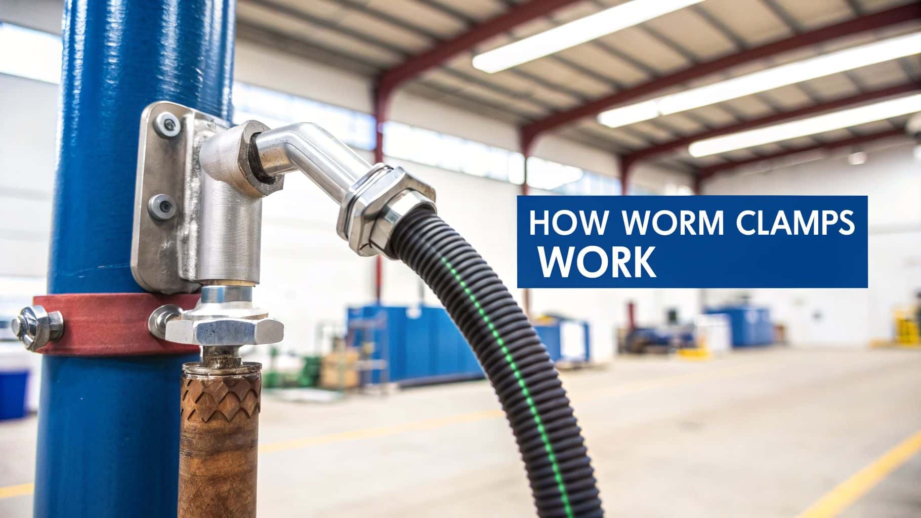 Close-up of industrial equipment, showing a blue pipe, metal fittings, and a corrugated hose in a factory setting.