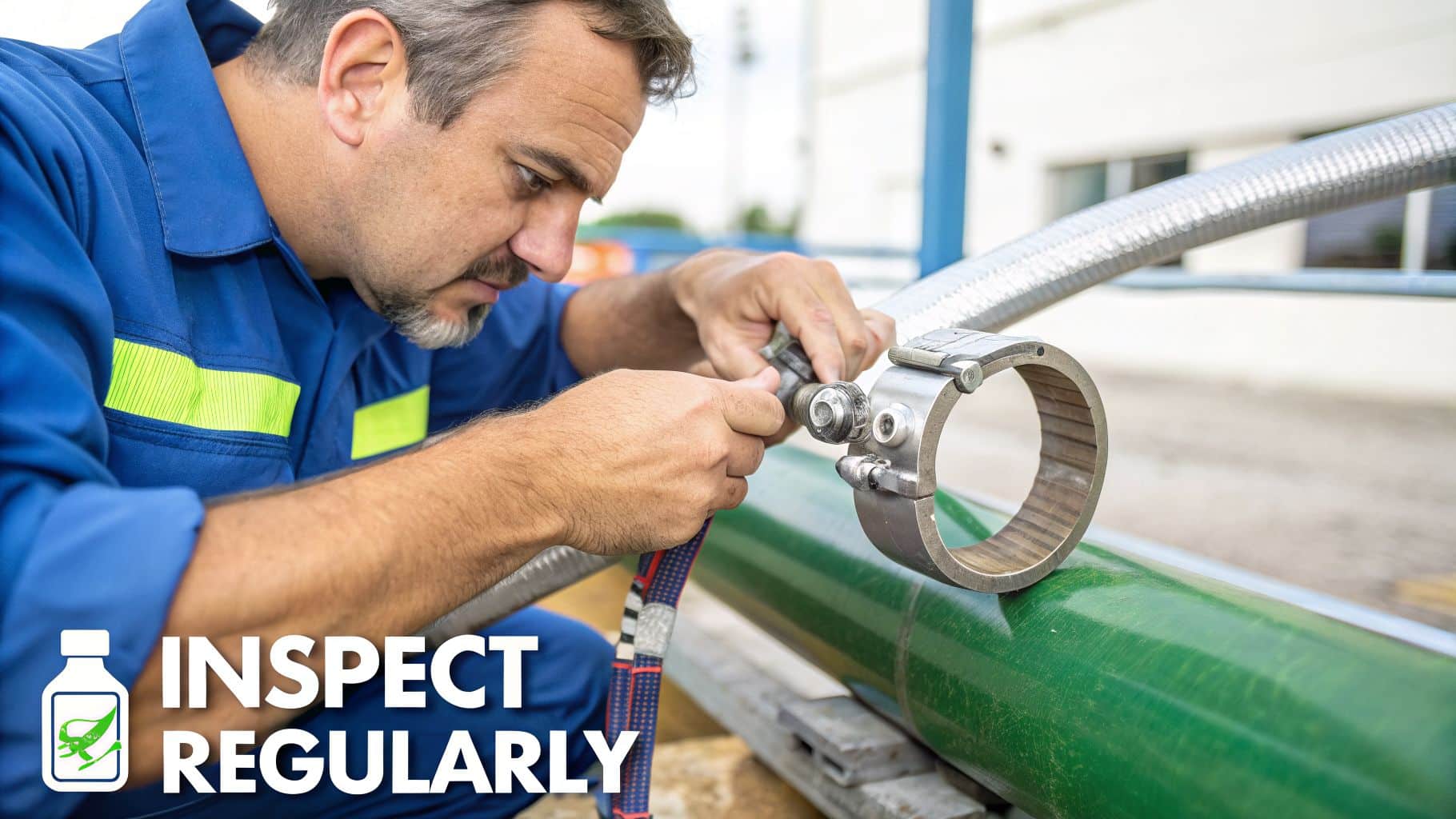 A technician in a blue uniform meticulously inspects a green pipe connection, ensuring proper maintenance.