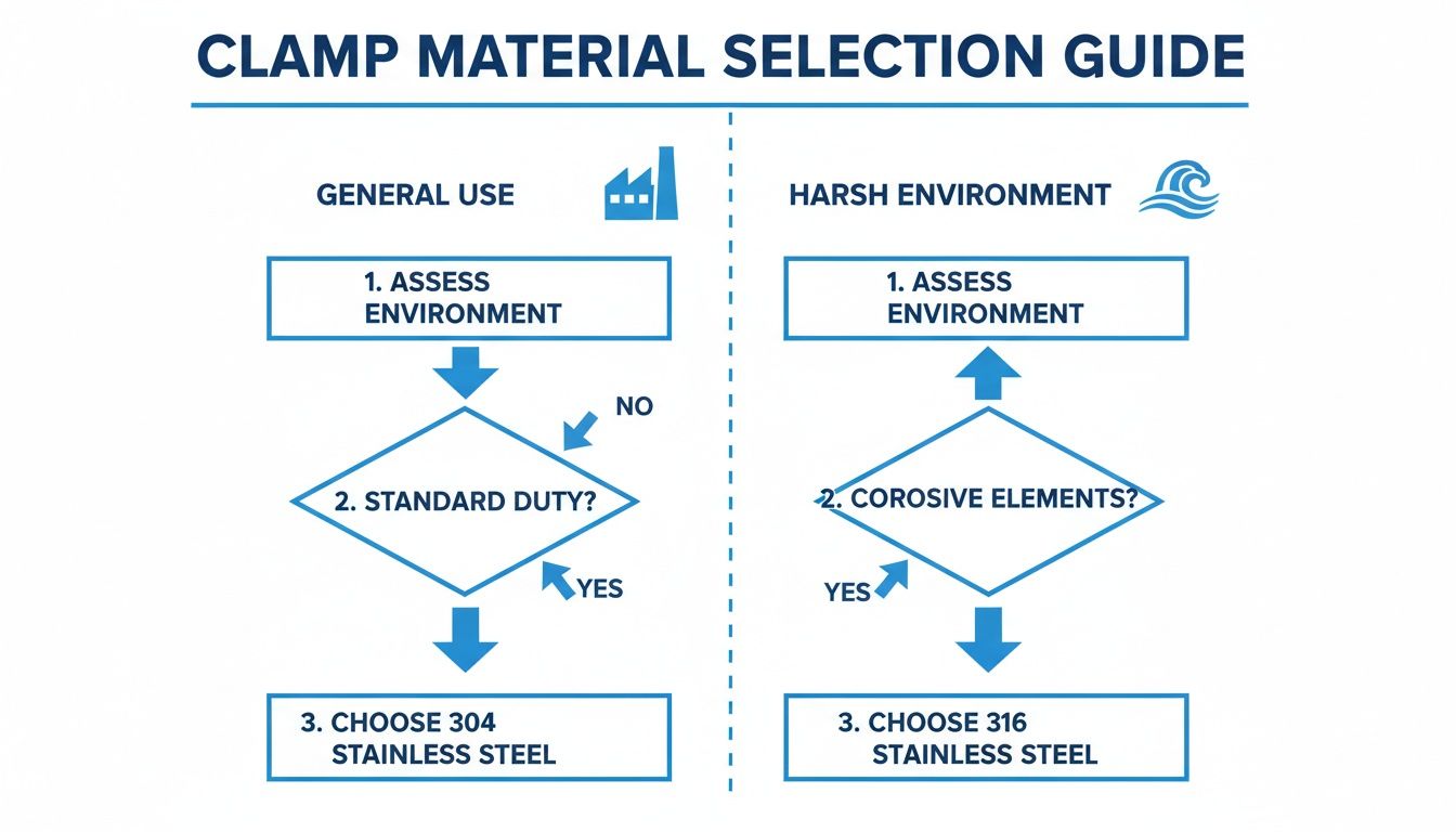 Flowchart guiding clamp material selection, differentiating between 304 and 316 stainless steel for environments.