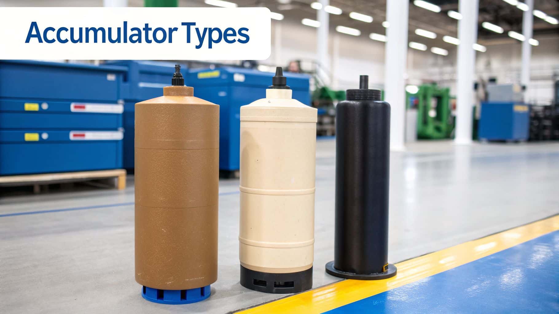 Three different types of industrial accumulators in brown, beige, and black on a factory floor.