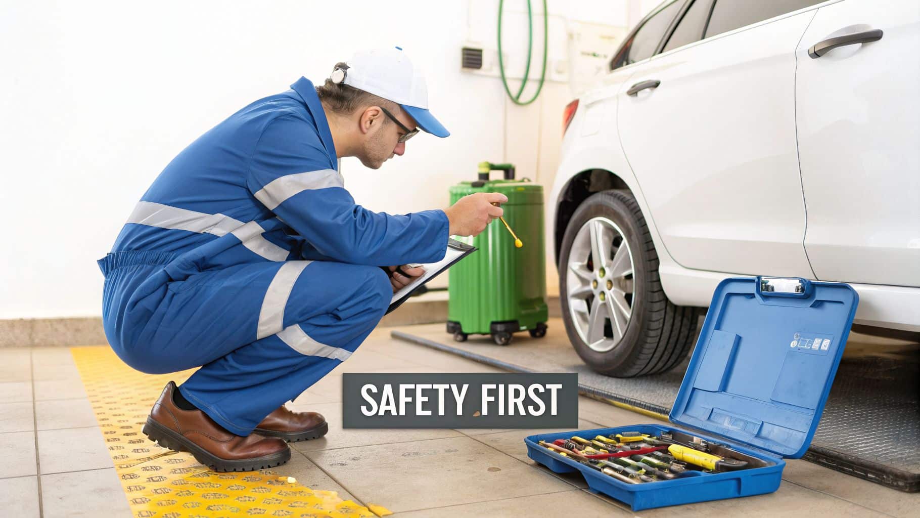 A mechanic in blue uniform crouches, inspecting a white car while holding a clipboard, with a 'SAFETY FIRST' sign visible.