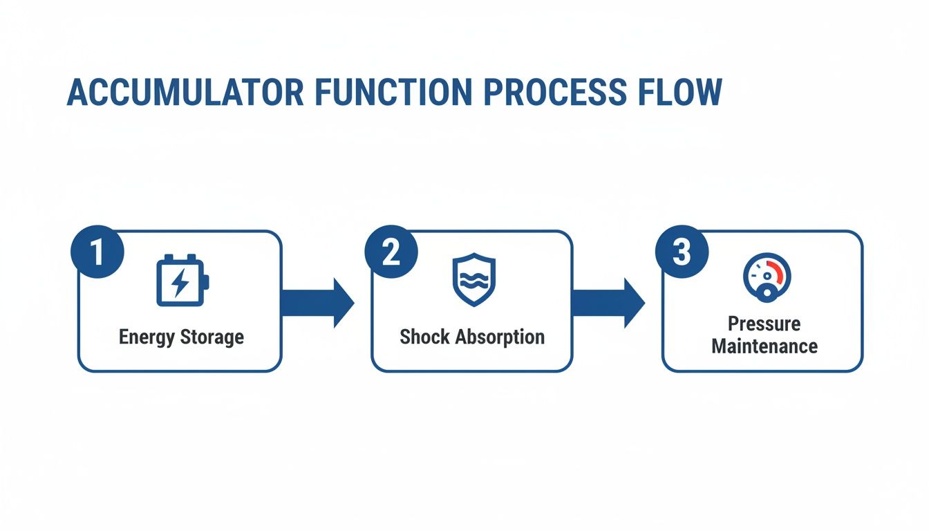 A three-step process flow illustrating accumulator functions: energy storage, shock absorption, and pressure maintenance.