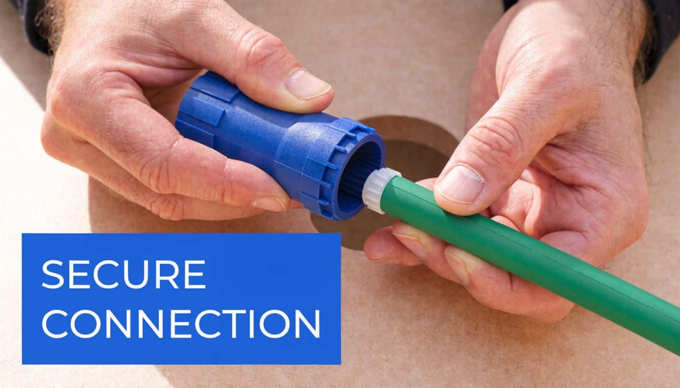 A pair of hands connecting a green pipe into a blue push-fit connector for plumbing work.