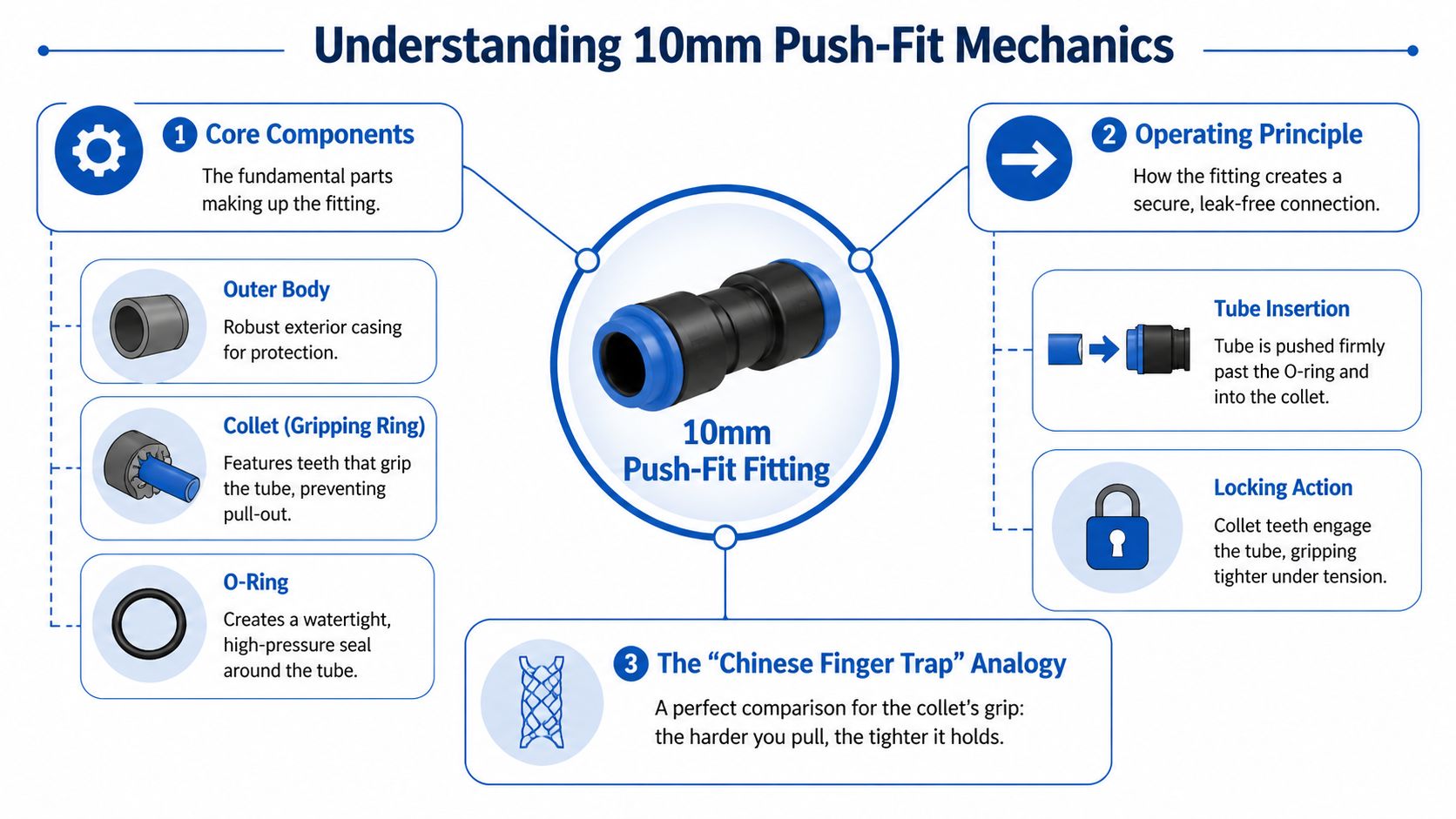 An infographic explaining the mechanics and components of a 10mm push-fit plumbing pipe fitting.