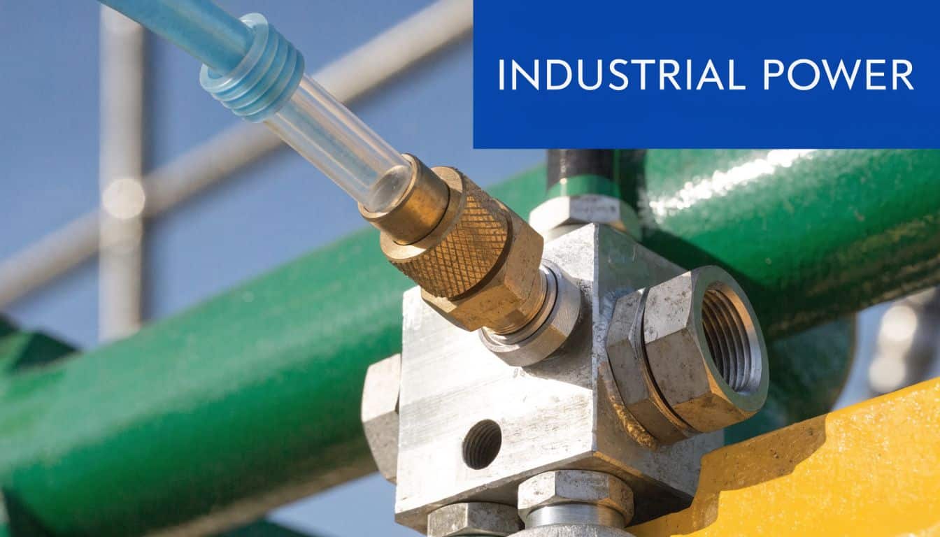 Close up of an industrial pneumatic fitting and tubing connector integrated into a metal piping system.