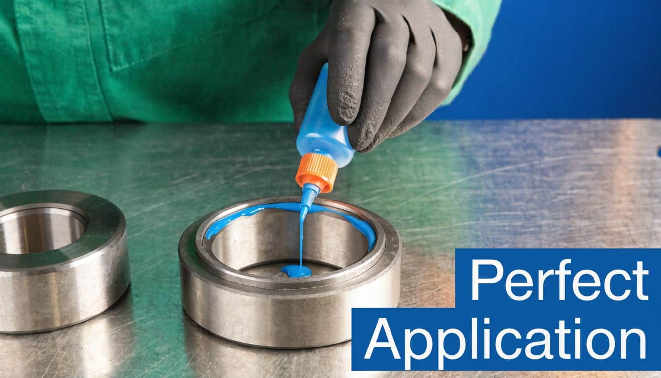 A gloved hand applies blue Loctite adhesive to a metal bearing part on a workstation.