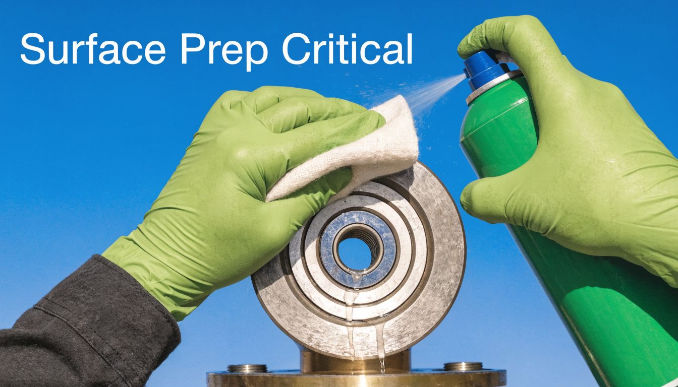 Worker in green gloves cleaning a metal bearing component with spray cleaner and a white cloth.