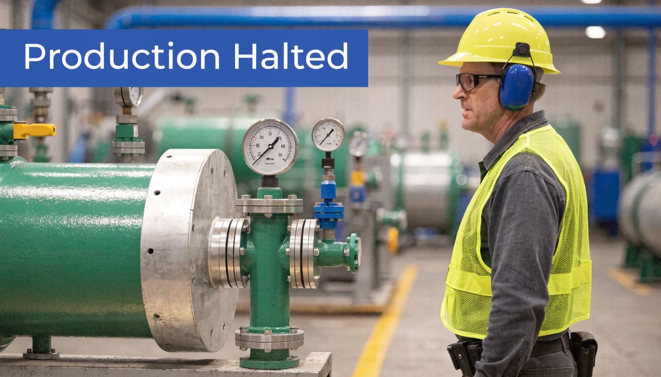 A safety-conscious worker inspects industrial compressor air piping equipment in a factory setting with a sign overhead.