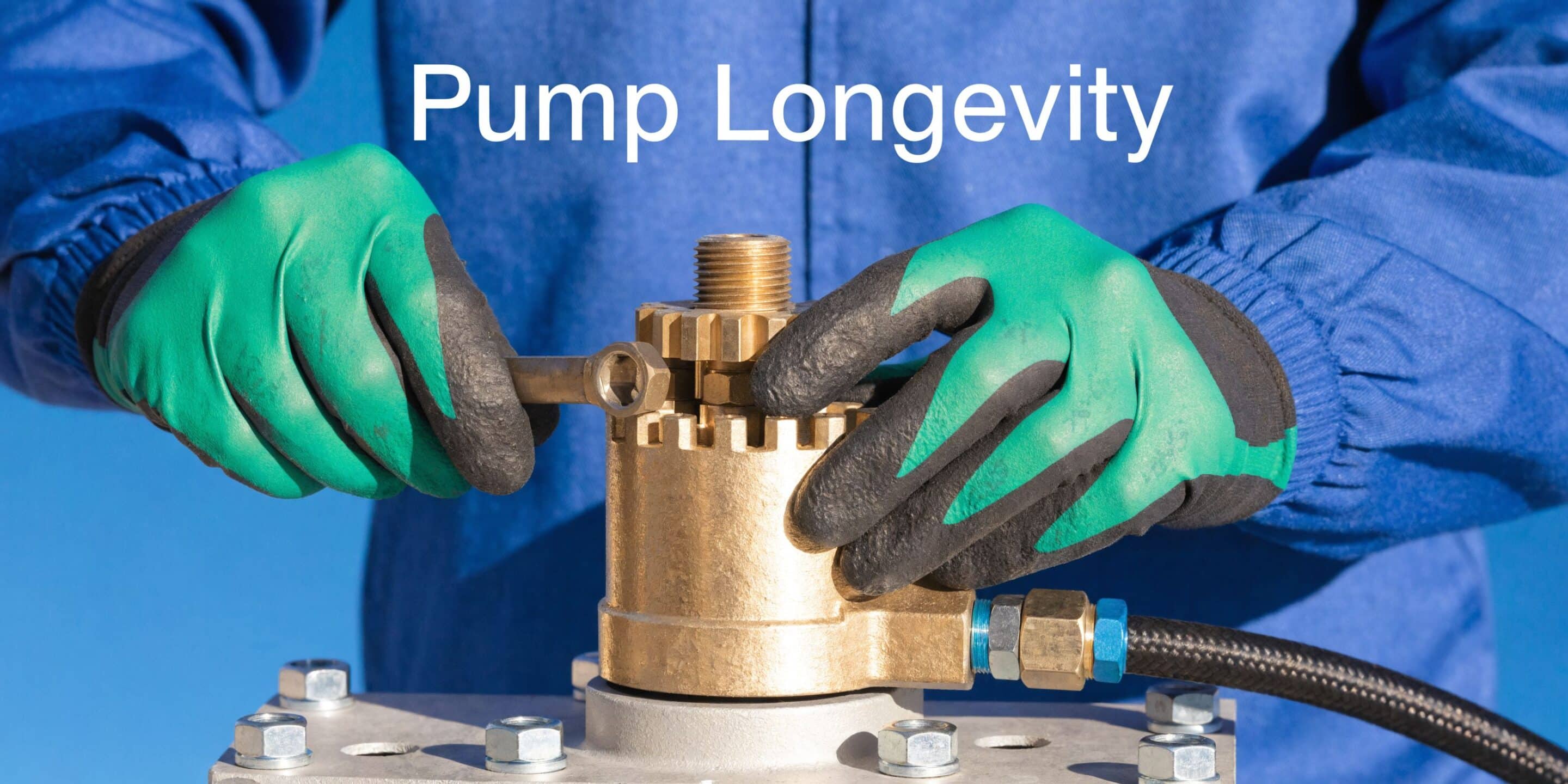 A technician wearing protective gloves using a wrench to repair a golden industrial gear hydraulic pump.