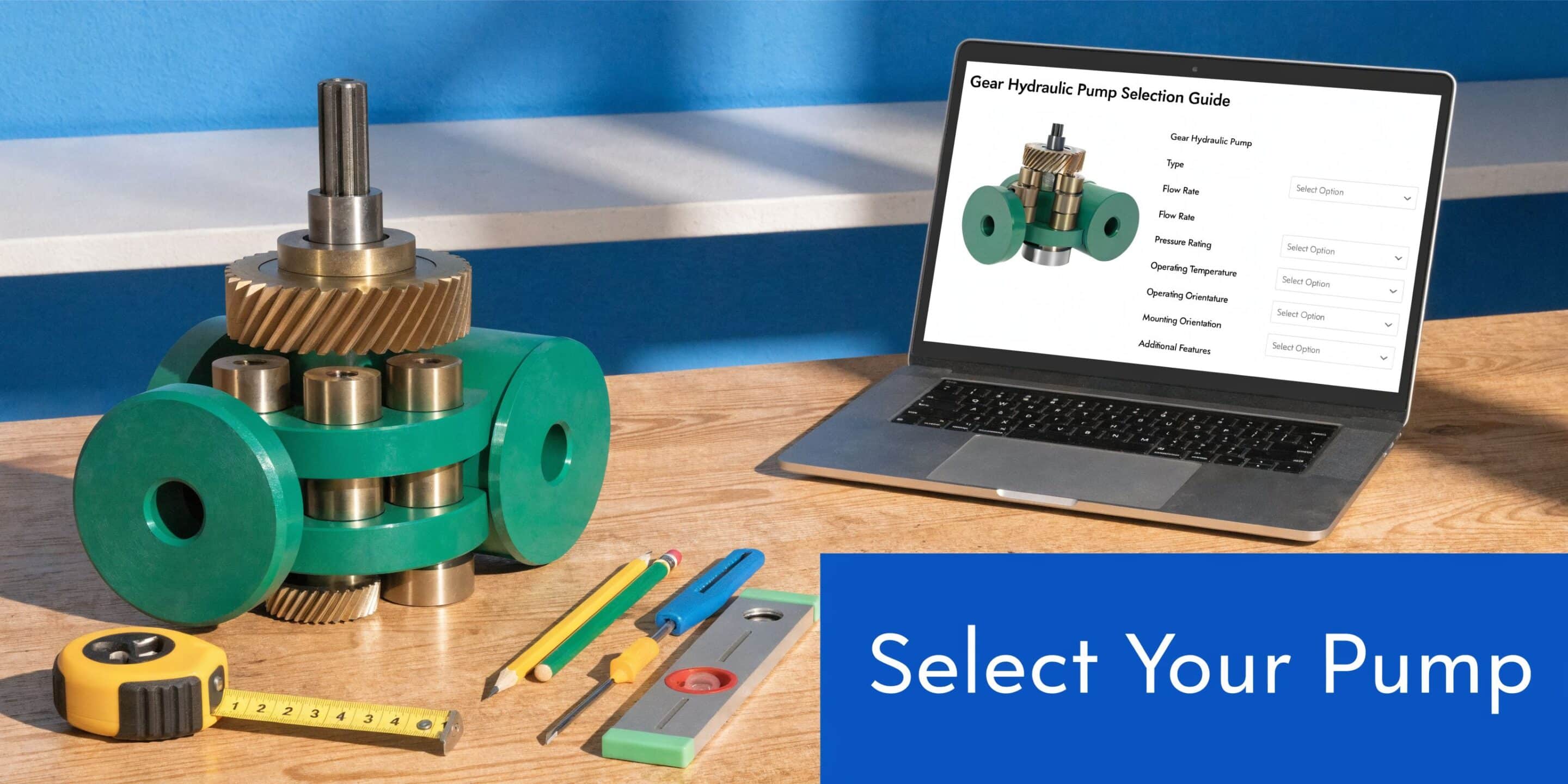 A mechanical gear hydraulic pump sits on a desk next to a laptop with selection options.