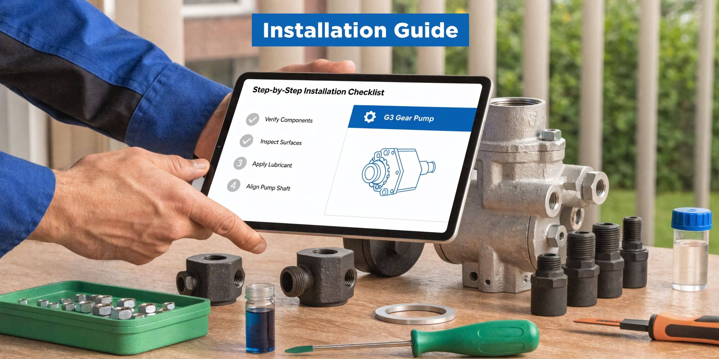 A technician follows an installation guide on a tablet while assembling a G3 gear hydraulic pump.