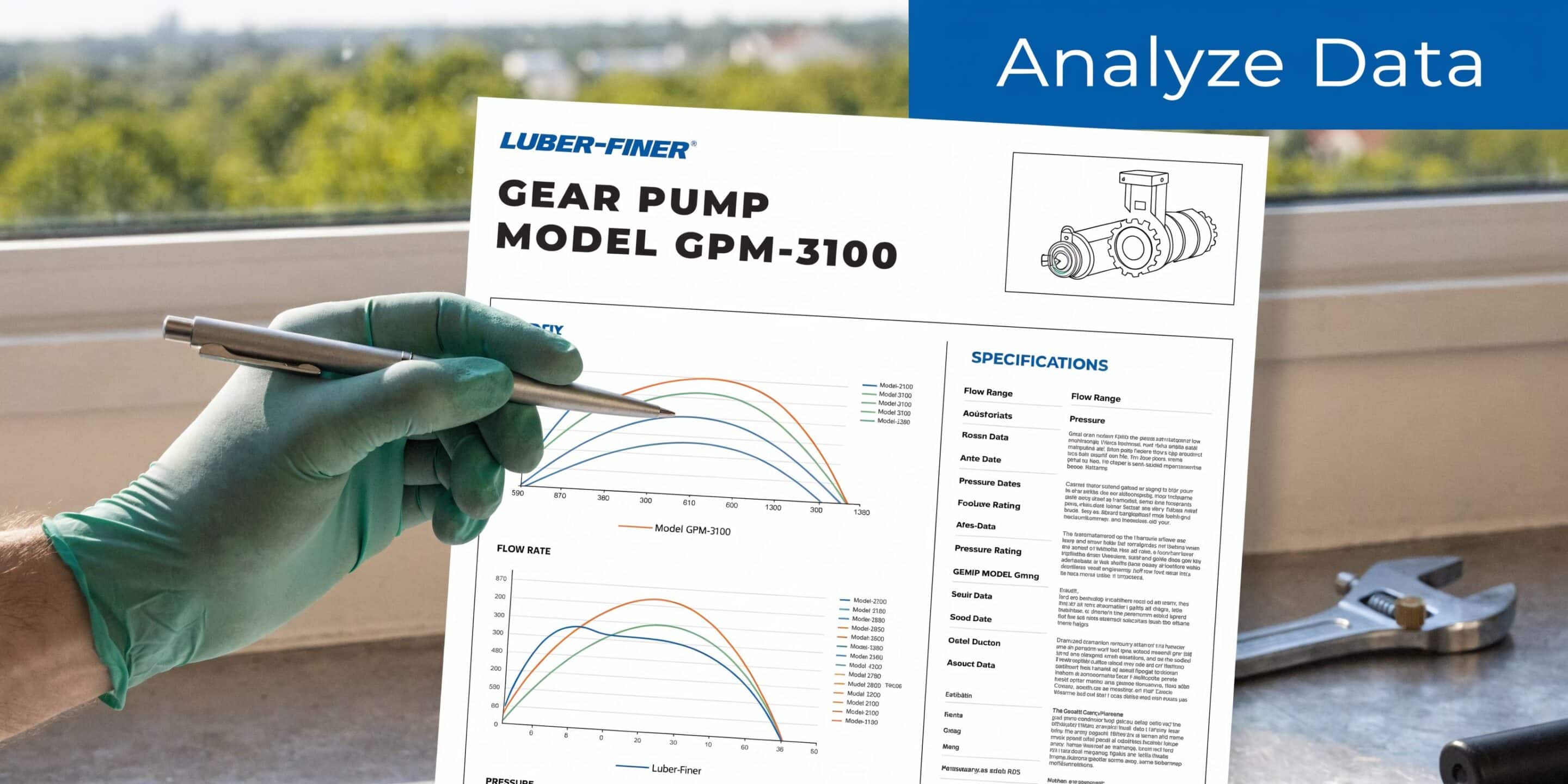 A hand in a glove pointing to a Luber-Finer gear pump technical specification document.