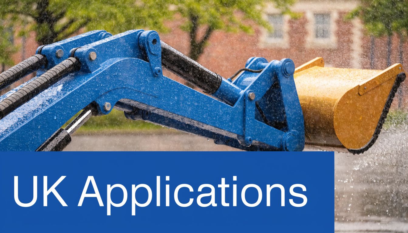 A close-up view of a blue hydraulic excavator arm with a yellow bucket during a rainstorm.