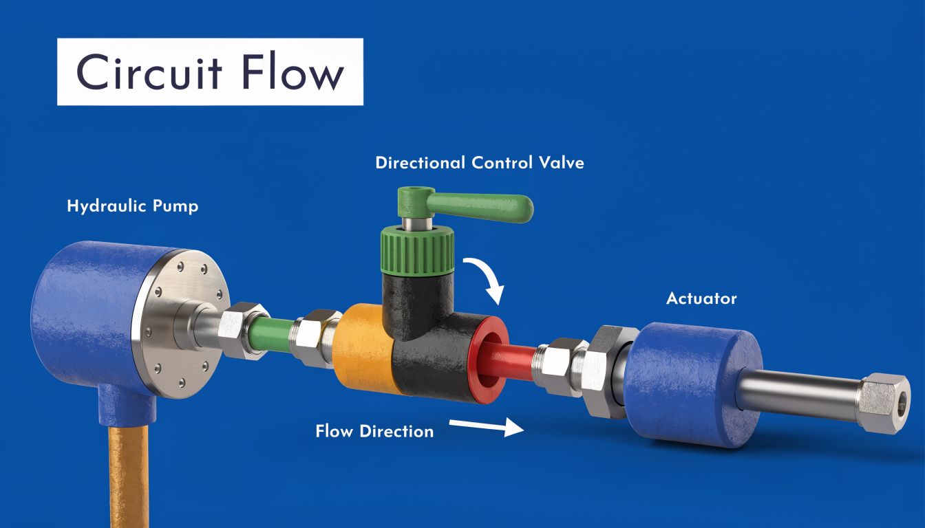 A 3D diagram showing a hydraulic circuit with a pump, a directional control valve, and an actuator.