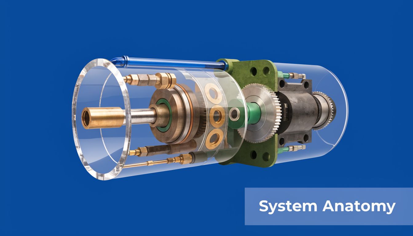 A 3D transparent cross-section view showing the internal mechanical components of a hydraulic system mechanism.