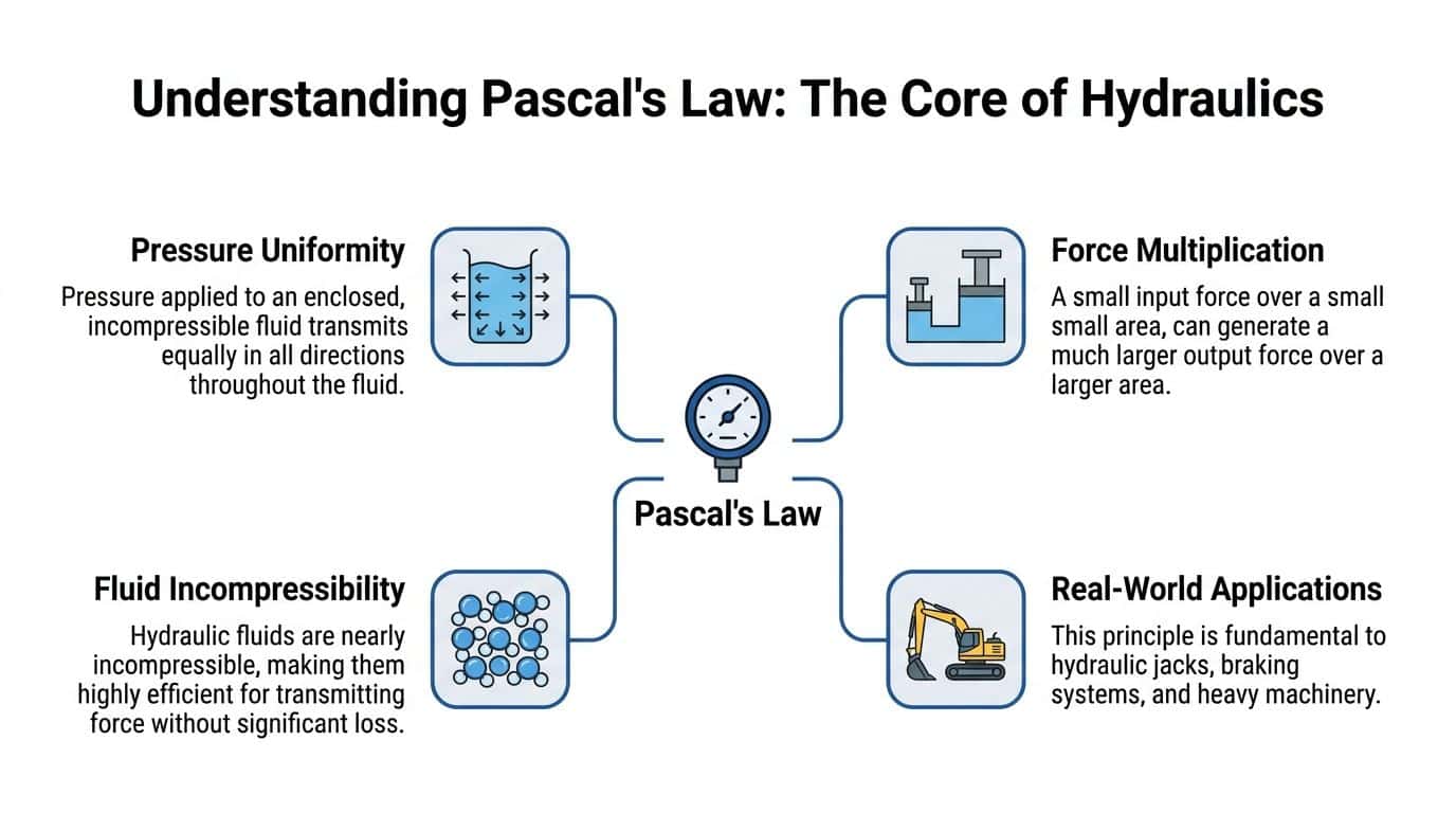 An educational infographic explaining the principles of Pascal's Law and its applications in hydraulic systems.