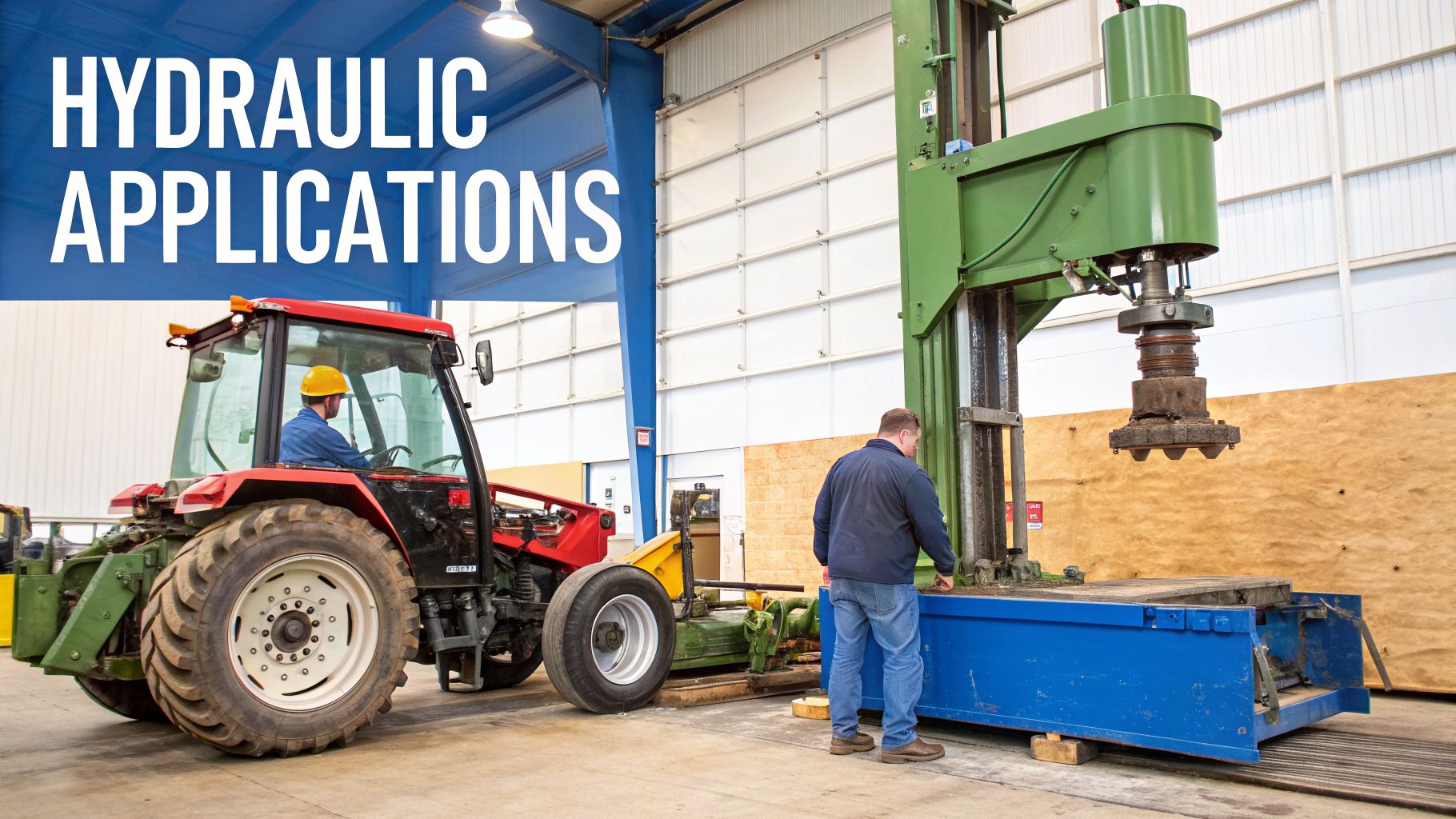 Two workers engage with heavy hydraulic machinery, a tractor and an industrial press, in a factory setting.