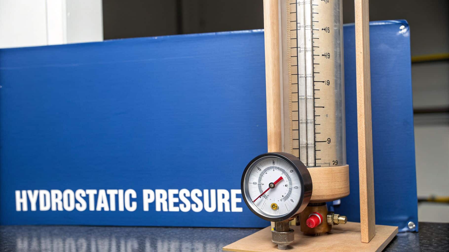 A close-up of a hydrostatic pressure experiment setup with a pressure gauge and a clear graduated tube.