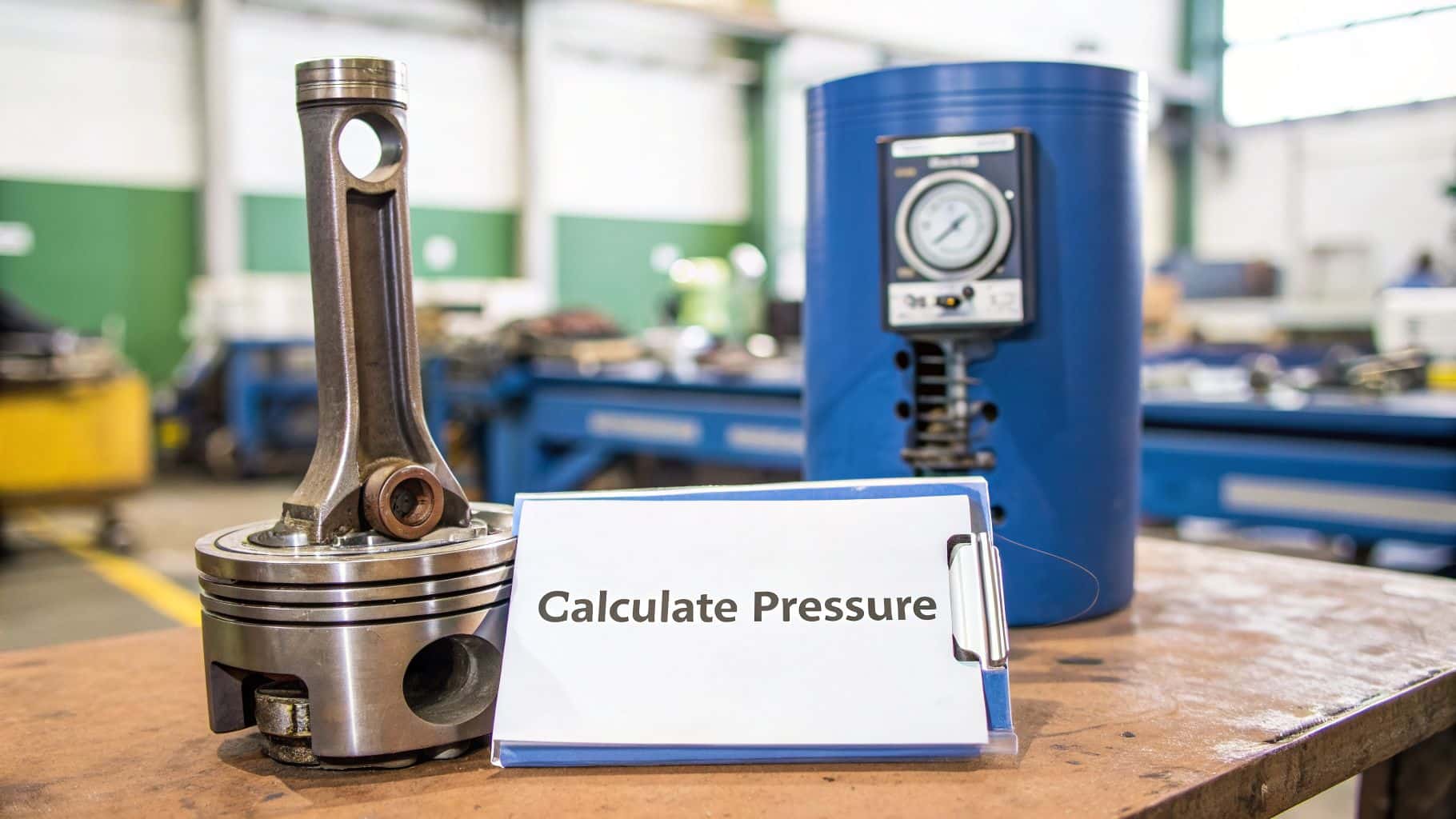 Engine piston, connecting rod, and a pressure gauge in a workshop with a 'Calculate Pressure' note.