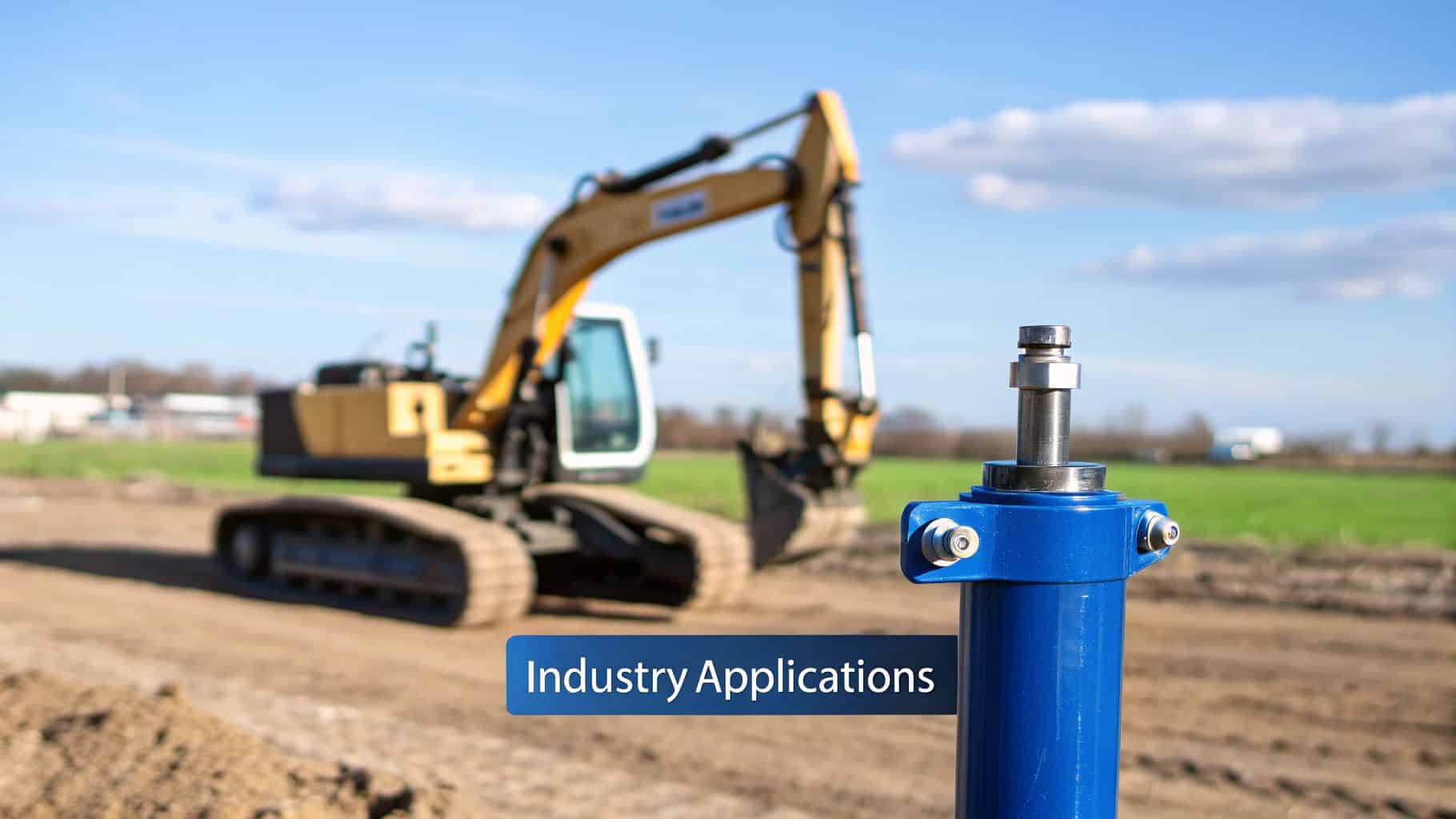 Blue hydraulic cylinder in focus on a construction site with a blurred excavator and "Industry Applications" text.