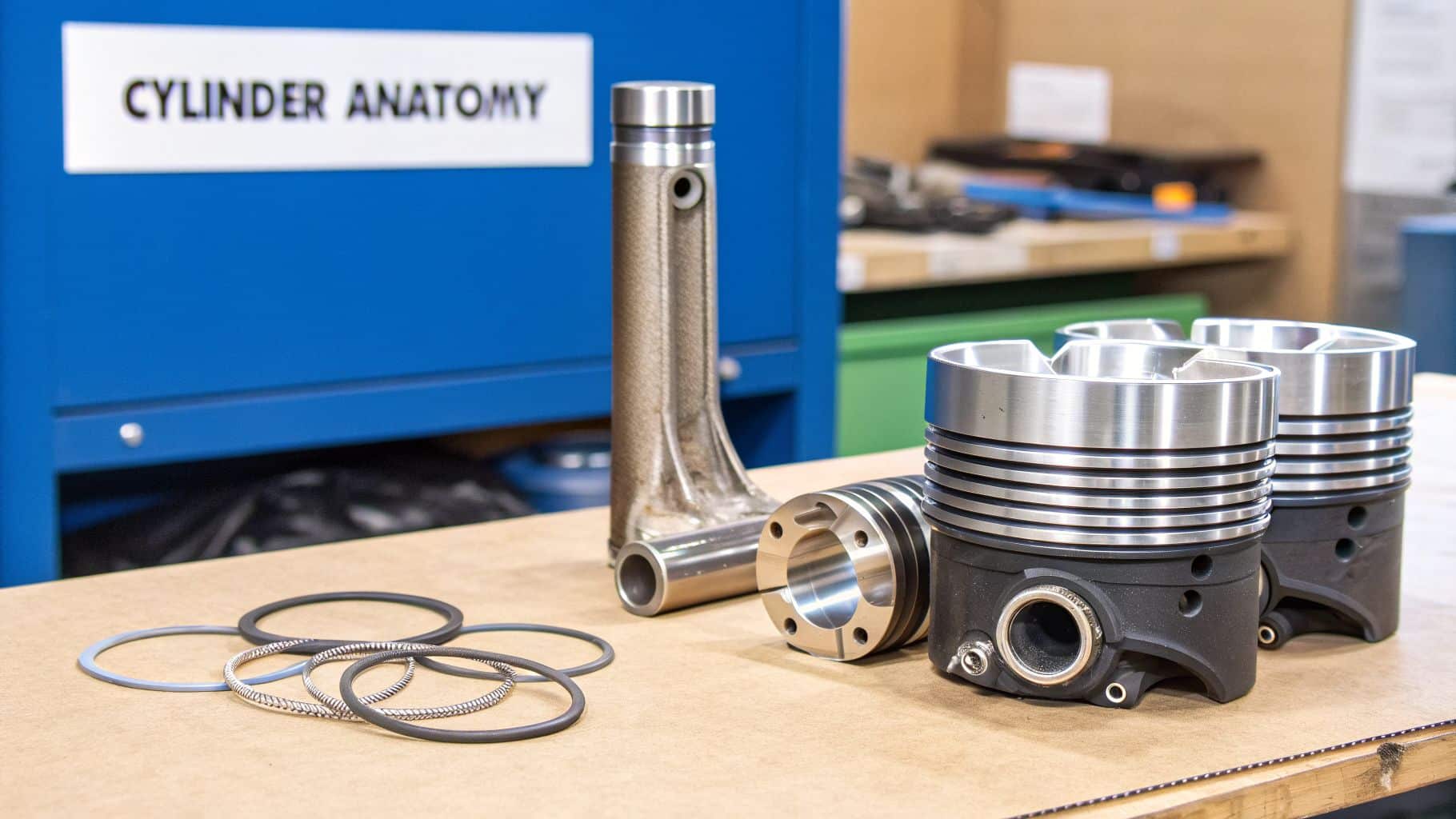 Engine components, including pistons, connecting rods, and various rings, displayed on a table with a 'Cylinder Anatomy' sign.