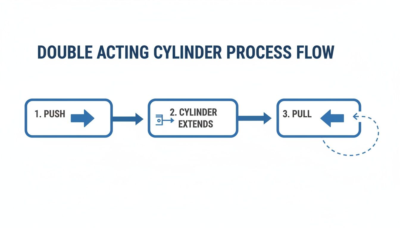 A process flow diagram illustrates the three steps of a double acting cylinder: push, cylinder extends, and pull.