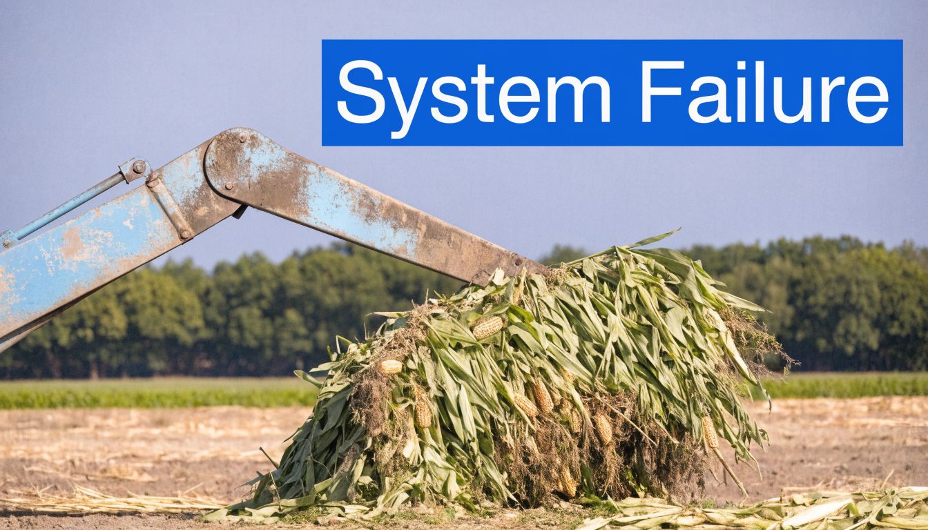 An agricultural machine arm lifting a pile of harvested corn stalks and ears in a field.