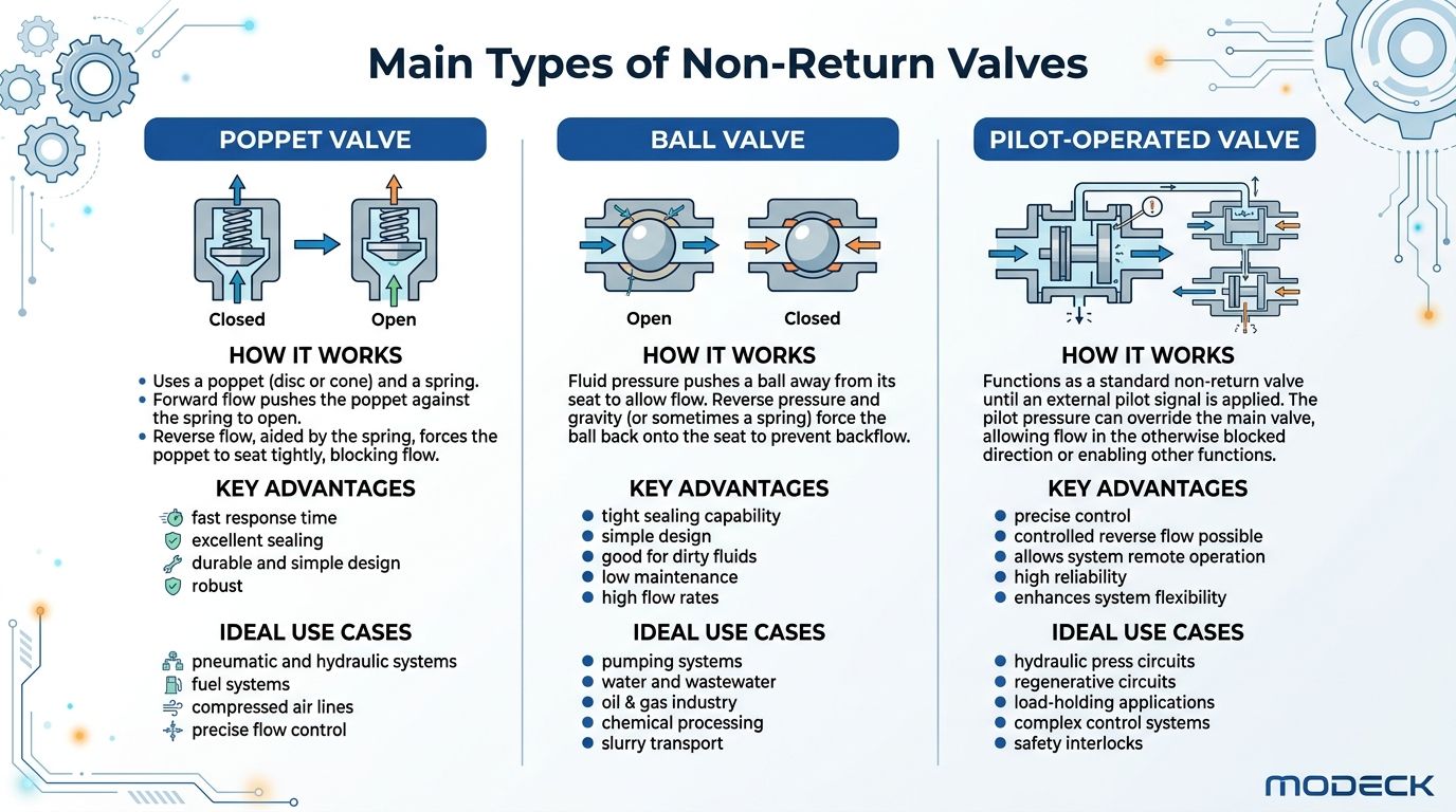 An infographic detailing the three main types of non-return valves: poppet, ball, and pilot-operated valves.