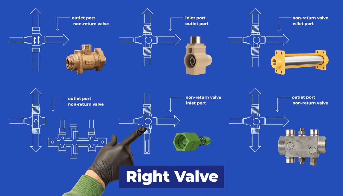 A diagram demonstrating various hydraulic non-return valve designs and configurations against a blue background.
