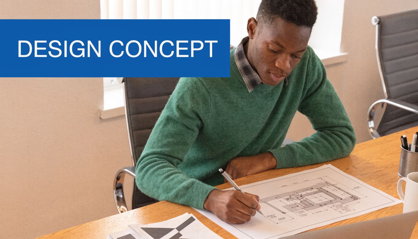 A professional man drawing architectural plans on a desk in a modern office space.