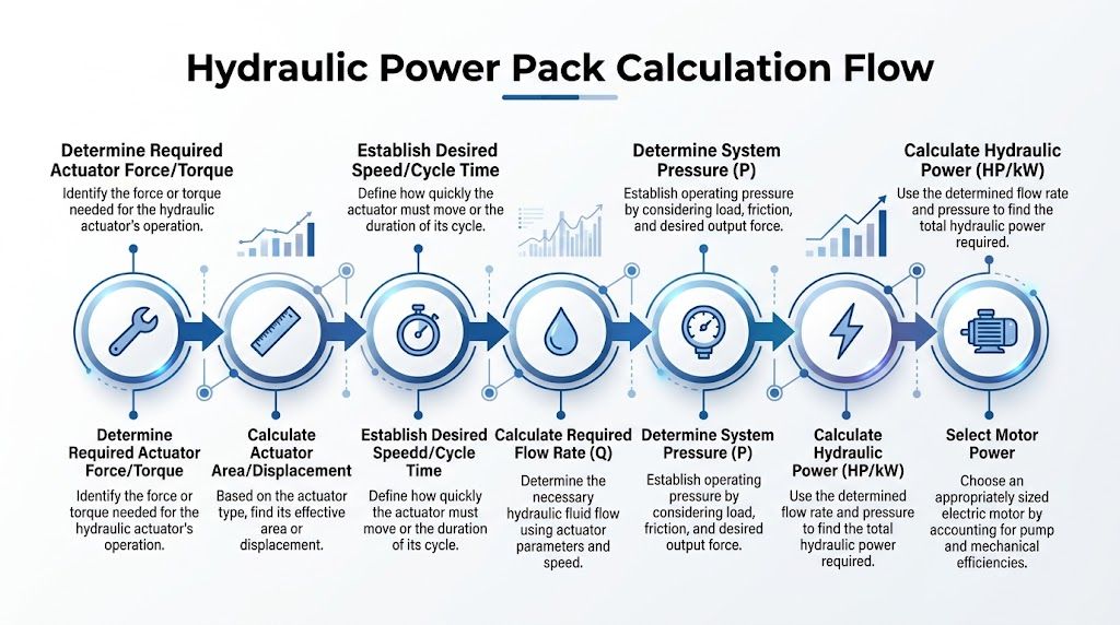 A flowchart diagram illustrating the logical steps required for calculating hydraulic power pack design specifications.