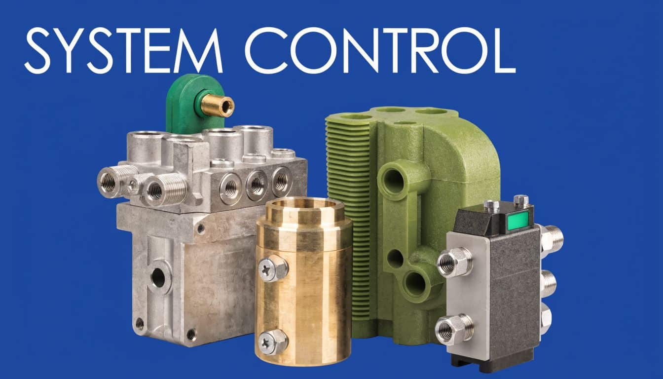 A collection of various industrial hydraulic system control components displayed against a solid blue background.