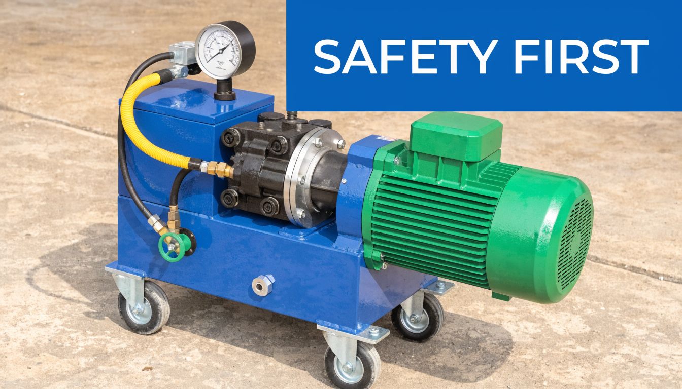 A portable blue hydraulic power pack with a green electric motor sitting on a concrete surface.